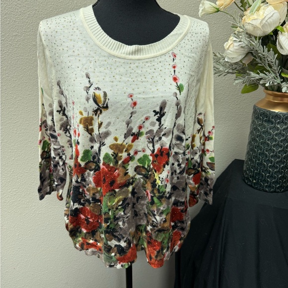 Rebecca Malone Tops - Rebecca Malone Floral Stud Sweater 2X Cream Watercolor Knit TopRebecca Malone Fl